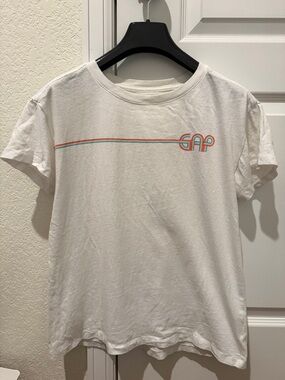 GAP White Short-Sleeve Tee with Retro Blue & Orange Trim